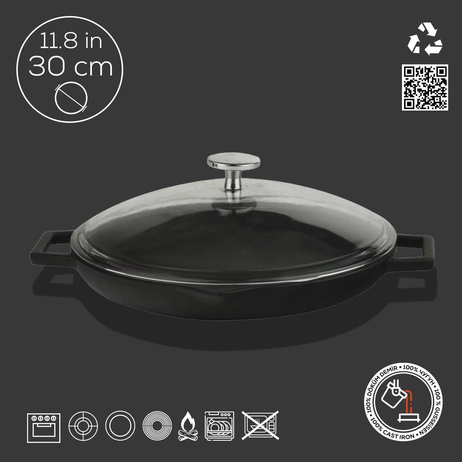 LAVA Döküm Yuvarlak Kızartma Tavası 30 cm Cam Kapaklı Döküm Demir Siyah Çift Kulplu LV ECO TV 30 K3 2 LAVA Döküm Yuvarlak Kızartma Tavası 30 cm Cam Kapaklı Döküm Demir Siyah Çift Kulplu LV ECO TV 30 K3 - Görsel 2