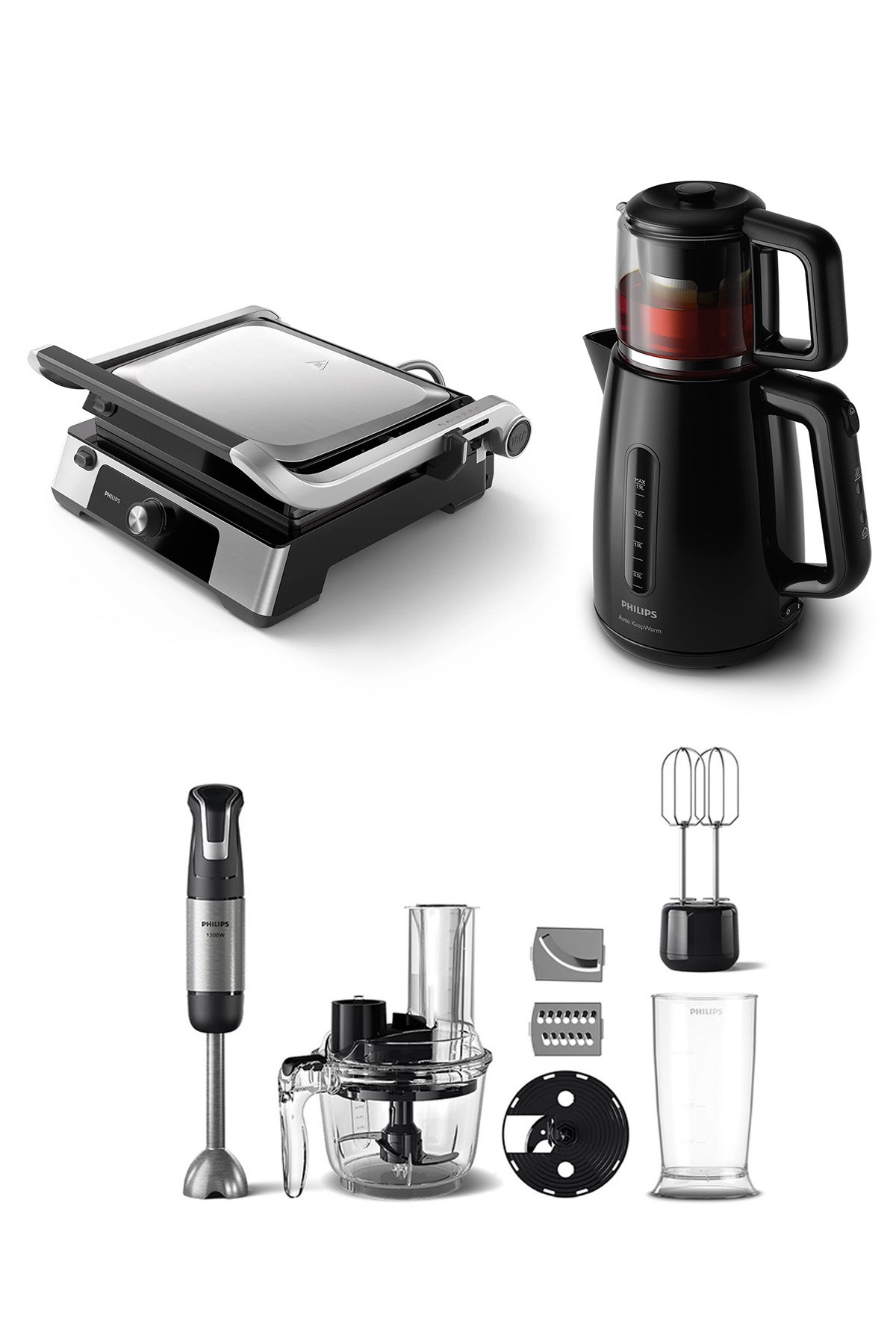 PHİLİPS 3'lü Çeyiz Seti (HD6301/90 Tost Makinesi + HD7301/00 Çay Makinesi + HR2695/01 Blender Seti)