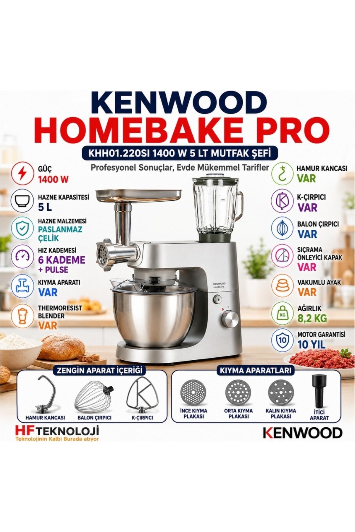 Homebake Pro Cam Blender Kıyma Makinesi 1400W 5 Lt Mutfak Şefi Stand Mikser KHH01.220SI